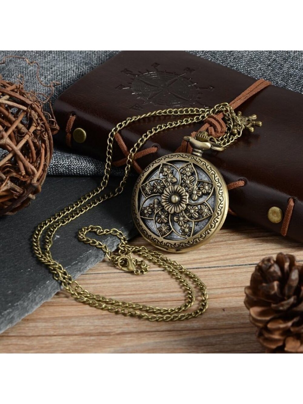 Women's White Quartz Antique Bronze Retro Hollow Rose Flowers Round Pocket Watch - Picture 5 of 6